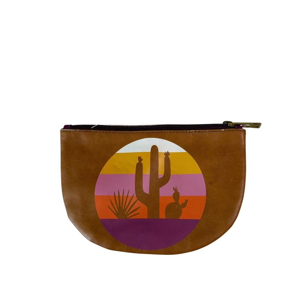 Fossil Desert Sunset Cactus Pouch Tan Synthetic Leather Makeup Bag Purple Zip